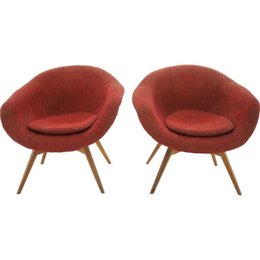 Paire de fauteuils vintage en bois et peau de mouton synthétique par Miroslav Navratil, Tchécoslovaquie 1960