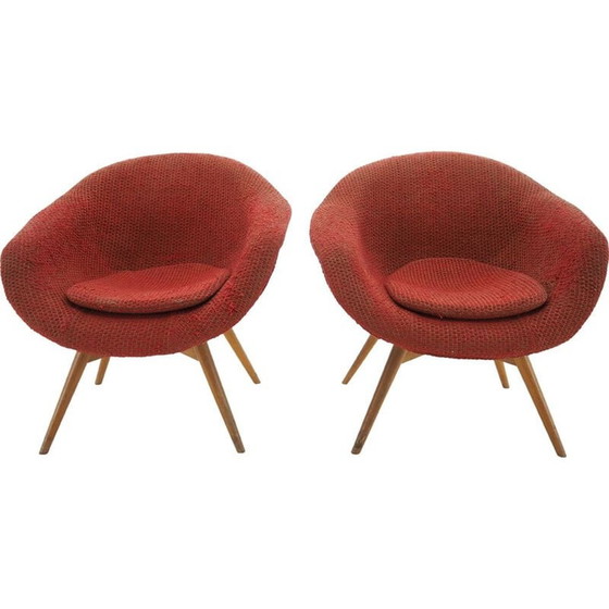 Image 1 of Paire de fauteuils vintage en bois et peau de mouton synthétique par Miroslav Navratil, Tchécoslovaquie 1960