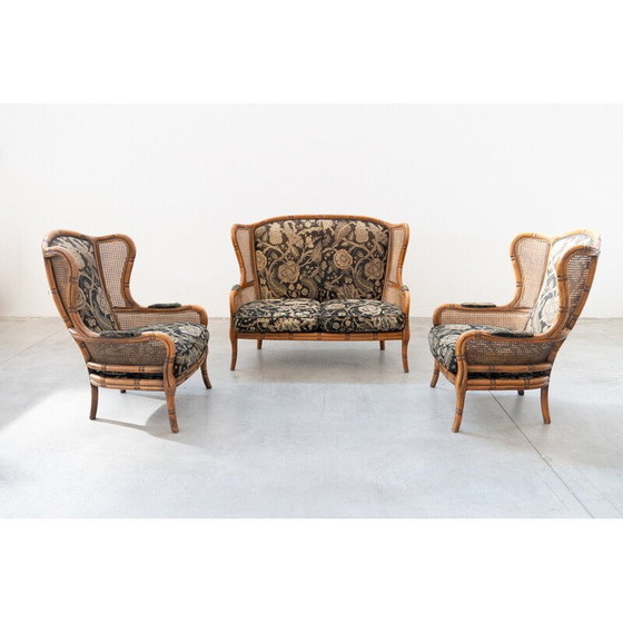 Image 1 of Ensemble de salon vintage en bambou, tissu et osier, Italie 1980