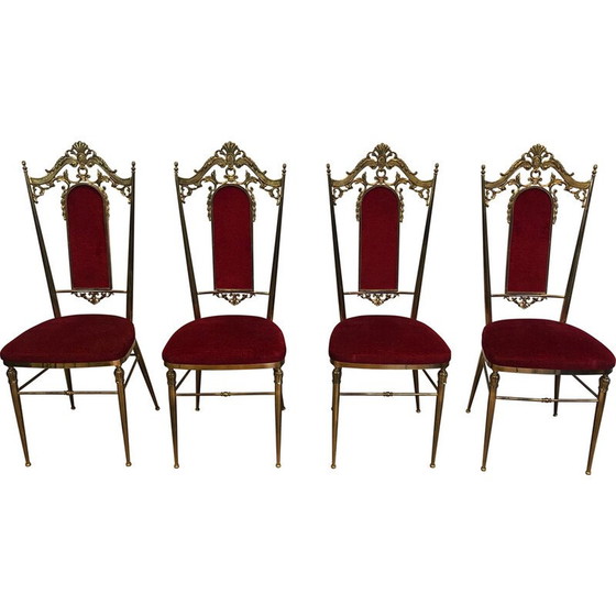 Image 1 of Ensemble de 4 chaises vintage en laiton et velours rouge