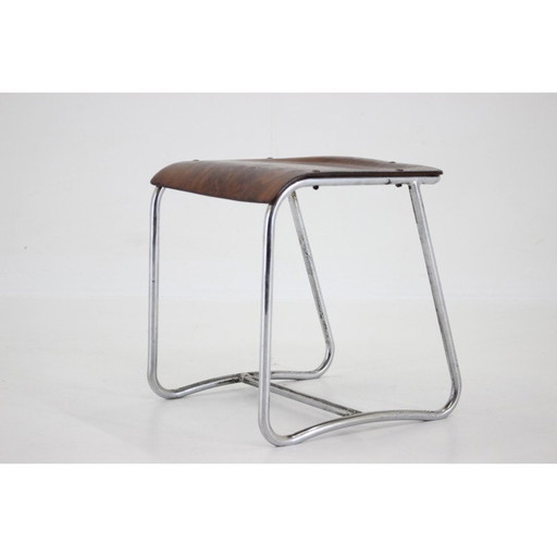 Tabouret Bauhaus vintage en chrome et bois, Tchécoslovaquie années 1930
