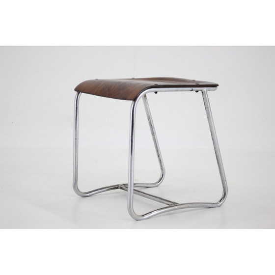 Image 1 of Tabouret Bauhaus vintage en chrome et bois, Tchécoslovaquie années 1930