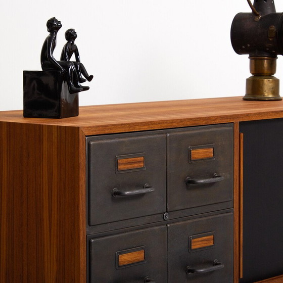 Image 1 of Buffet vintage en teck et métal avec 2 portes coulissantes noires