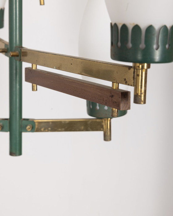 Image 1 of Lustre Vintage 1950S en Métal Vert, Laiton et Verre Design Italien