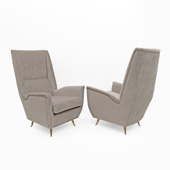 Image 1 of Paire de fauteuils à haut dossier en velours de Gio Ponti, moderne du milieu du siècle, Isa, années 1950
