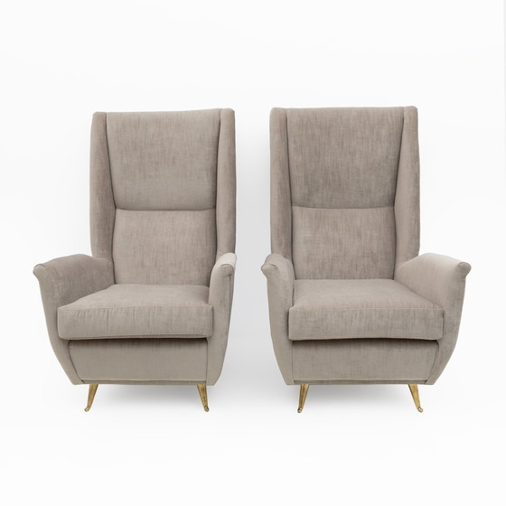 Image 1 of Paire de fauteuils à haut dossier en velours de Gio Ponti, moderne du milieu du siècle, Isa, années 1950