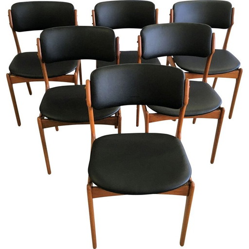 Ensemble de 6 chaises de salle à manger vintage en cuir noir et teck par Erik Buch pour Oddense Maskinsnedkeri, 1960