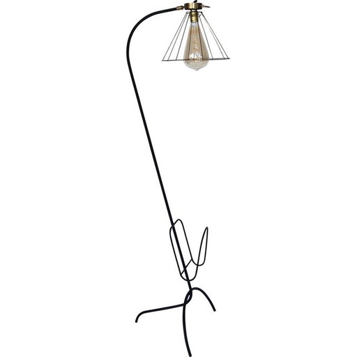 Lampe porte-revues vintage en fer forgé et laiton avec ampoule apparente, 1960