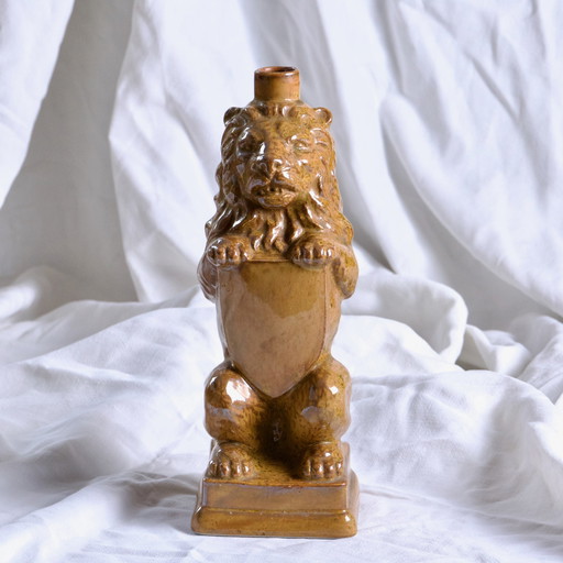 Vase - Bouteille Ancienne Zoomorphe Lion En Grès Émaillé Signée Gps