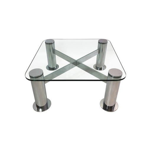 Table basse vintage en verre chromé par Leon Rosen pour Pace Collection, Italie 1980