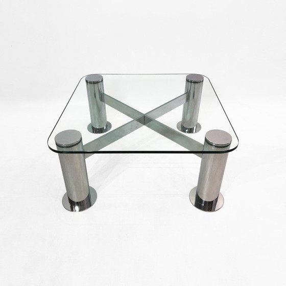 Image 1 of Table basse vintage en verre chromé par Leon Rosen pour Pace Collection, Italie 1980