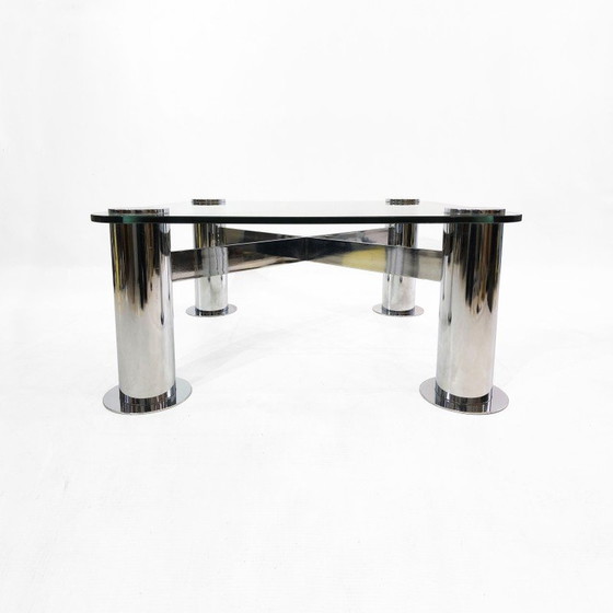 Image 1 of Table basse vintage en verre chromé par Leon Rosen pour Pace Collection, Italie 1980