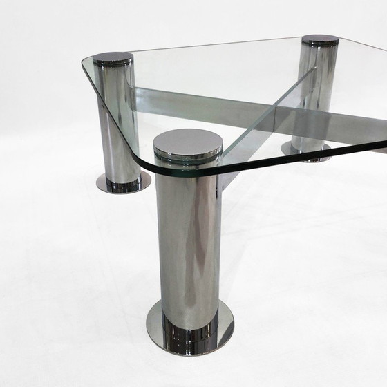 Image 1 of Table basse vintage en verre chromé par Leon Rosen pour Pace Collection, Italie 1980