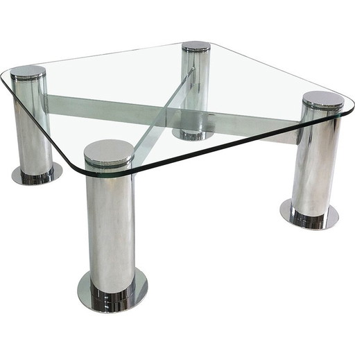 Table basse vintage en verre chromé par Leon Rosen pour Pace Collection, Italie 1980