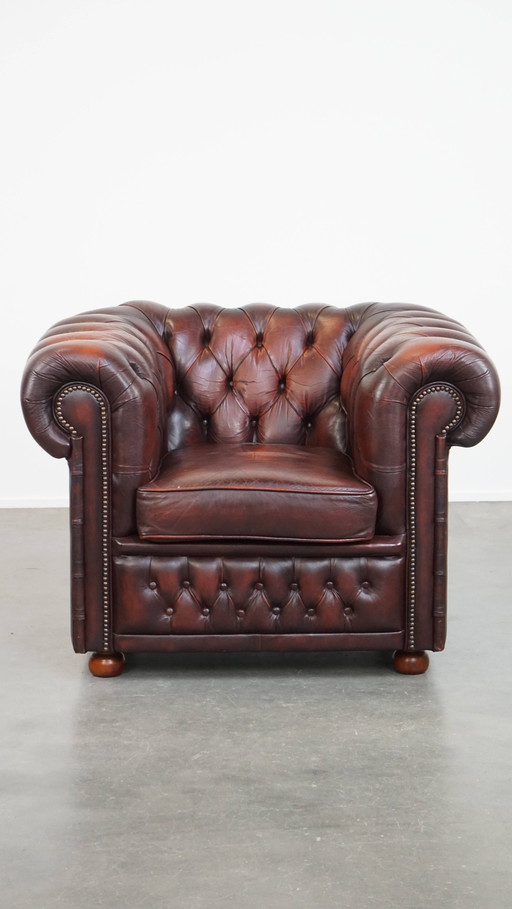 Fauteuil Chesterfield en cuir de boeuf rouge foncé