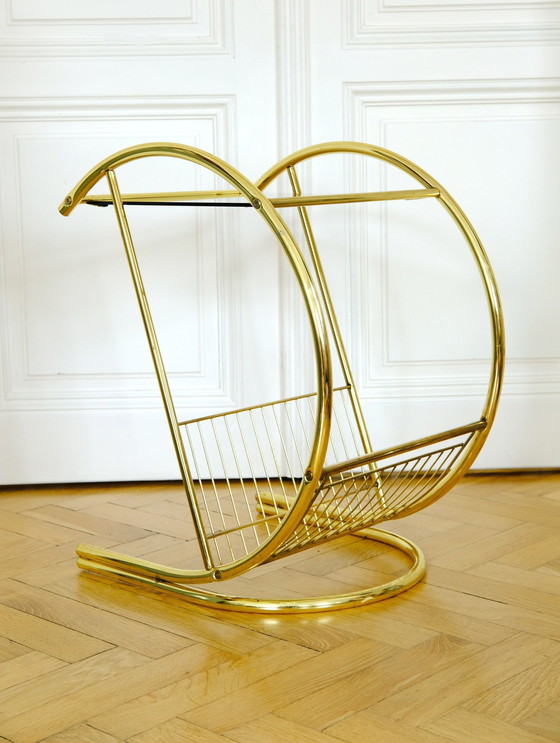 Image 1 of Table d'appoint vintage 70S, laiton et verre fumé