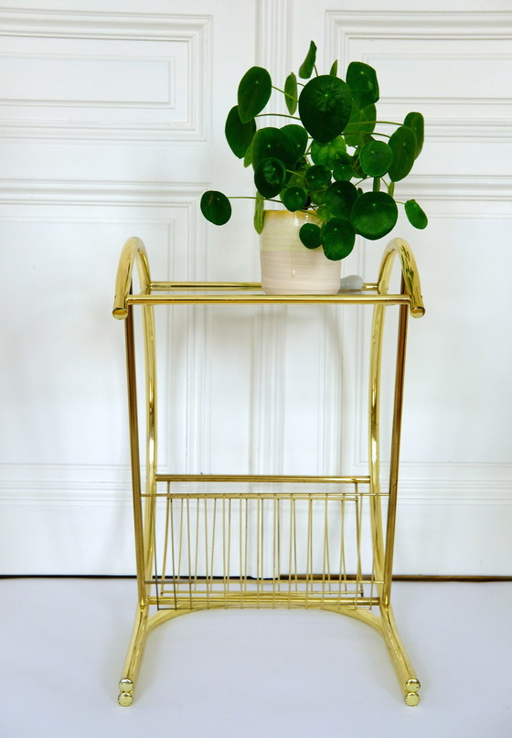 Image 1 of Table d'appoint vintage 70S, laiton et verre fumé