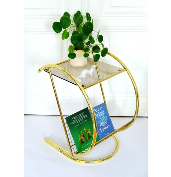 Image 1 of Table d'appoint vintage 70S, laiton et verre fumé