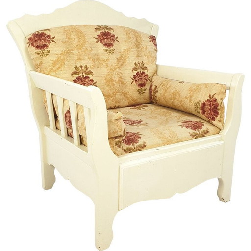 Fauteuil vintage en bois avec fleurs 1980