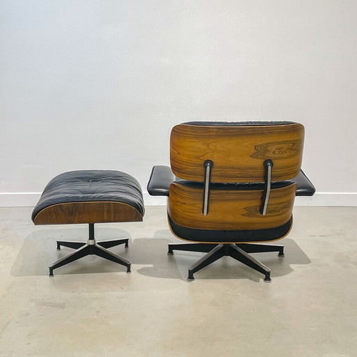 Fauteuil vintage avec ottoman en palissandre de Rio par Charles et Ray Eames, 1970