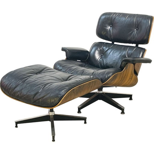 Fauteuil vintage avec ottoman en palissandre de Rio par Charles et Ray Eames, 1970