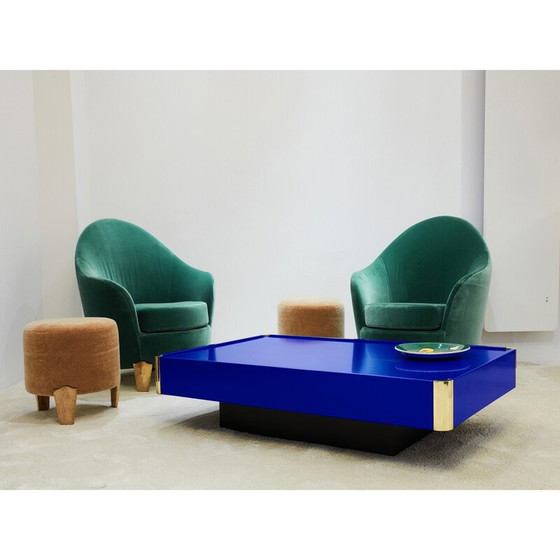 Image 1 of Table basse vintage Majorelle en laque bleue et laiton, 1970
