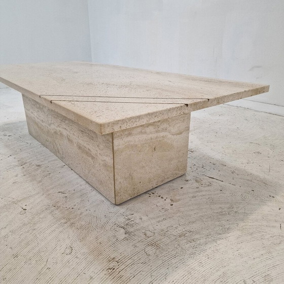 Image 1 of Table basse rectangulaire vintage en travertin et laiton, Italie 1980