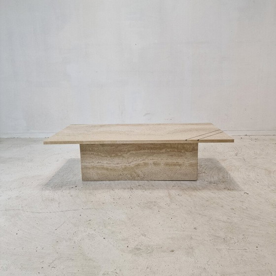 Image 1 of Table basse rectangulaire vintage en travertin et laiton, Italie 1980