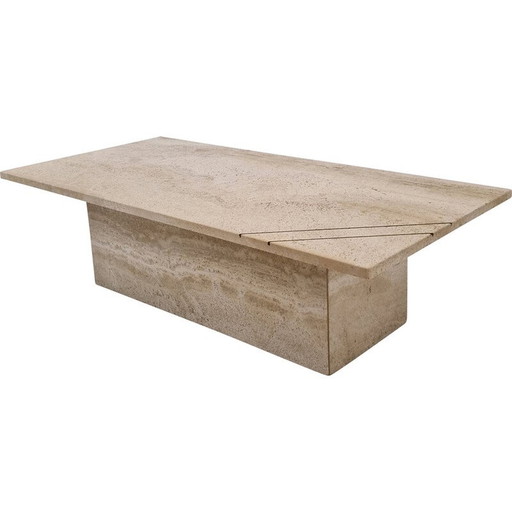 Table basse rectangulaire vintage en travertin et laiton, Italie 1980