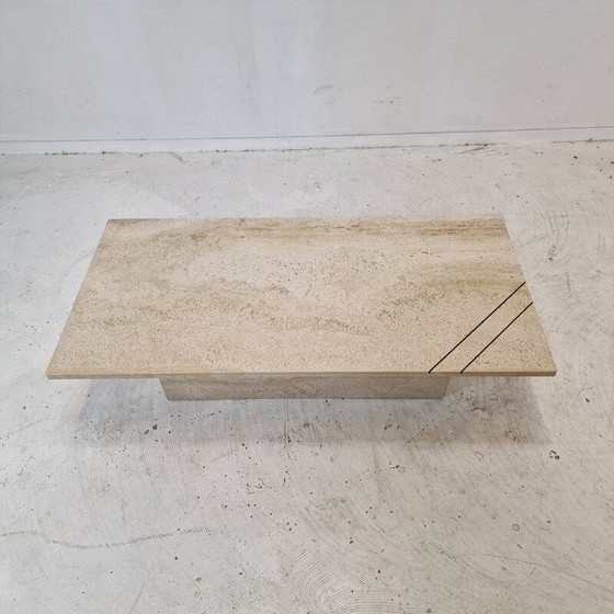 Image 1 of Table basse rectangulaire vintage en travertin et laiton, Italie 1980