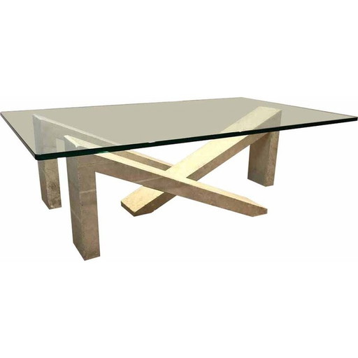 Table basse vintage en marbre avec plateau en verre, France 1970