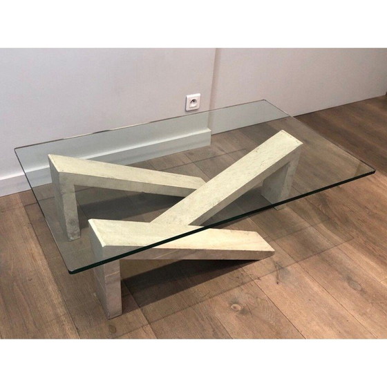 Image 1 of Table basse vintage en marbre avec plateau en verre, France 1970