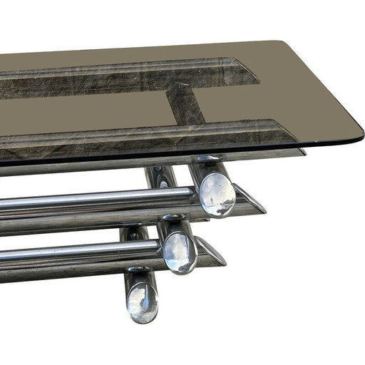 Table basse vintage en métal chromé et plateau en verre fumé, 1970