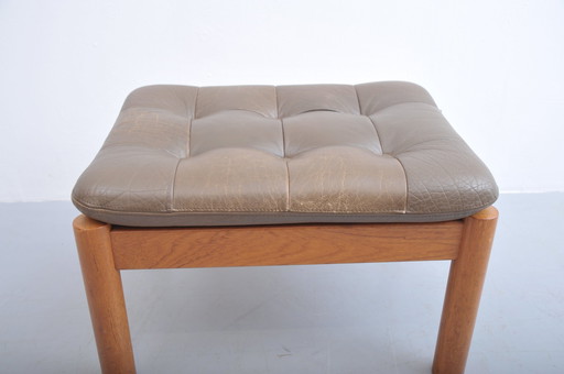 Tabouret en teck avec coussin en cuir Danish Design 1960