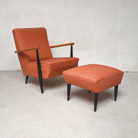 Image 1 of Paire de fauteuils vintage en tissu orange avec ottoman, 1960
