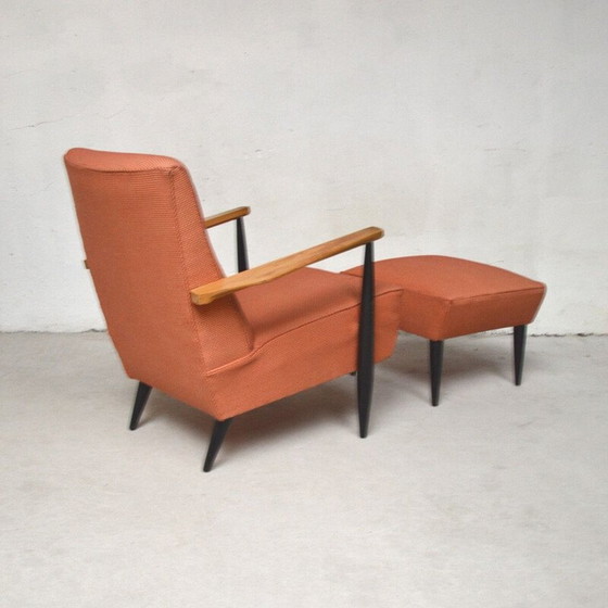 Image 1 of Paire de fauteuils vintage en tissu orange avec ottoman, 1960