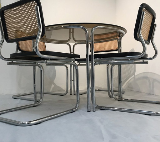 1 x Table de salle à manger design en verre fumé chromé, Italie 1970