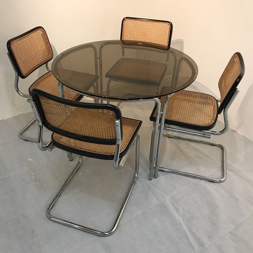 1 x Table de salle à manger design en verre fumé chromé, Italie 1970