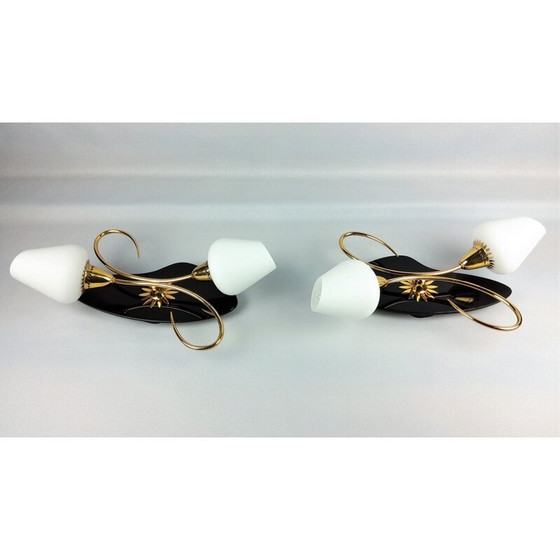 Image 1 of Paire d'appliques vintage Arlus, opaline noire et laiton, 1960