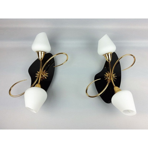 Image 1 of Paire d'appliques vintage Arlus, opaline noire et laiton, 1960
