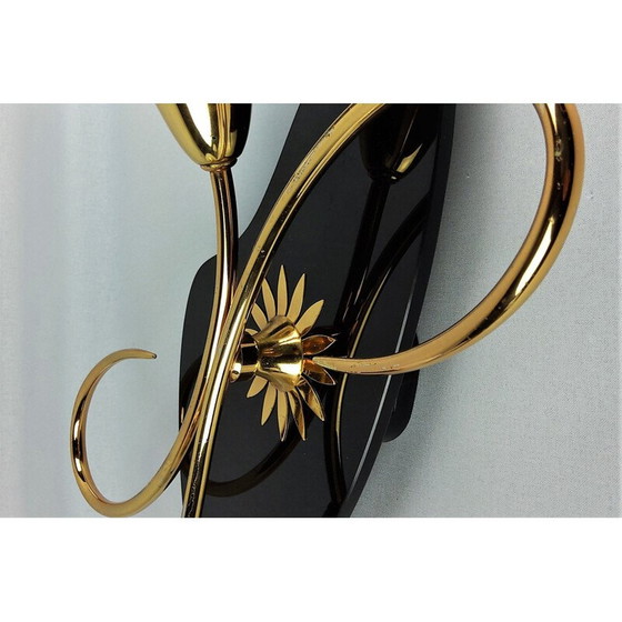 Image 1 of Paire d'appliques vintage Arlus, opaline noire et laiton, 1960