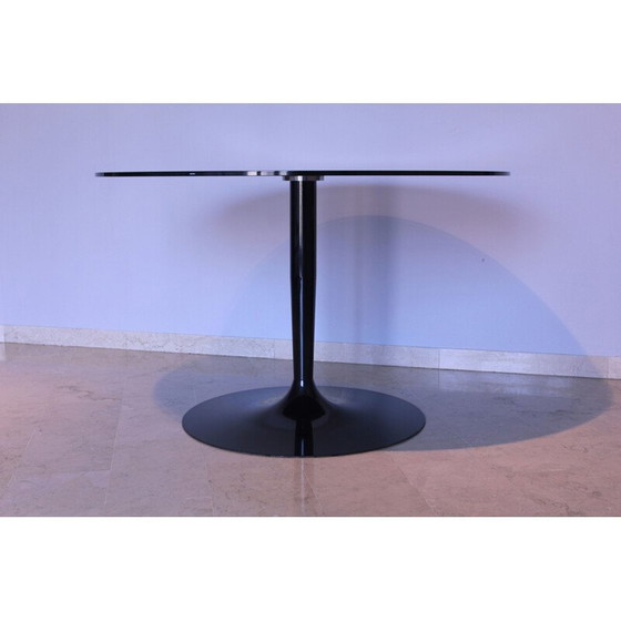 Image 1 of Vintage Table ronde en verre noir miroité Calligaris Italie 1980