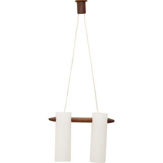 Image 1 of Lampe suspendue vintage en verre opalin et teck par Uno et Östen Kristiansson pour Luxus, Suède 1960
