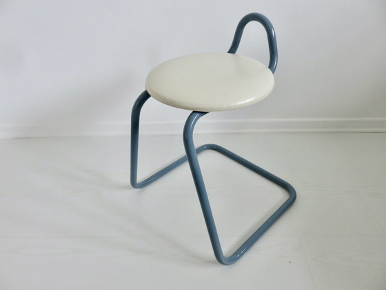 Image 1 of Tabouret Italy En Métal Bleu Et Skai Blanc Années 80