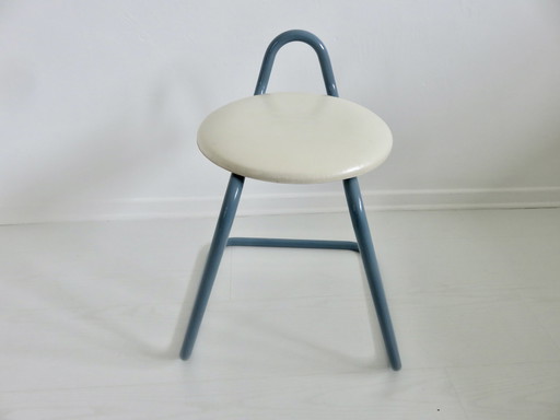 Tabouret Italy En Métal Bleu Et Skai Blanc Années 80