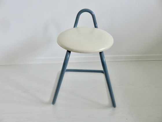 Image 1 of Tabouret Italy En Métal Bleu Et Skai Blanc Années 80