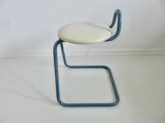 Image 1 of Tabouret Italy En Métal Bleu Et Skai Blanc Années 80