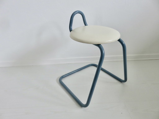 Tabouret Italy En Métal Bleu Et Skai Blanc Années 80