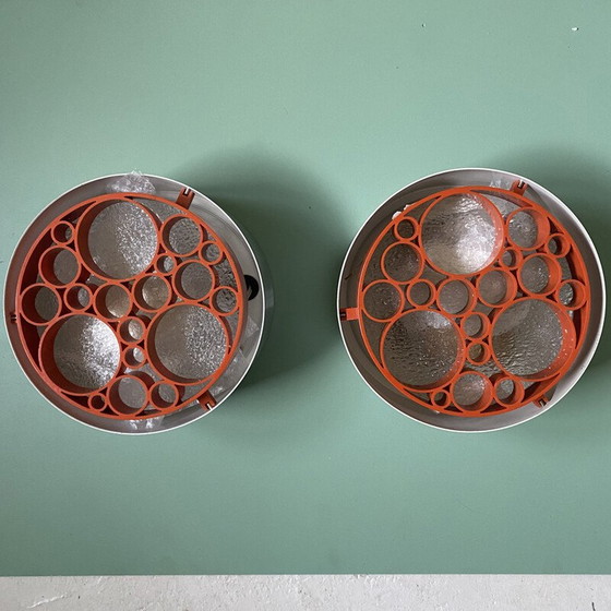 Image 1 of Paire de plafonniers "Alliance" vintage en aluminium brossé et verre pour Raak, Pays-Bas 1968