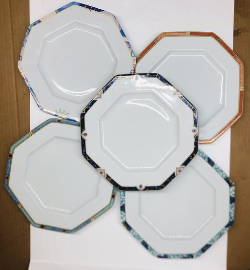 Lot De 5 Assiettes Hexagonales En Porcelaine De Limoges Circa 1990